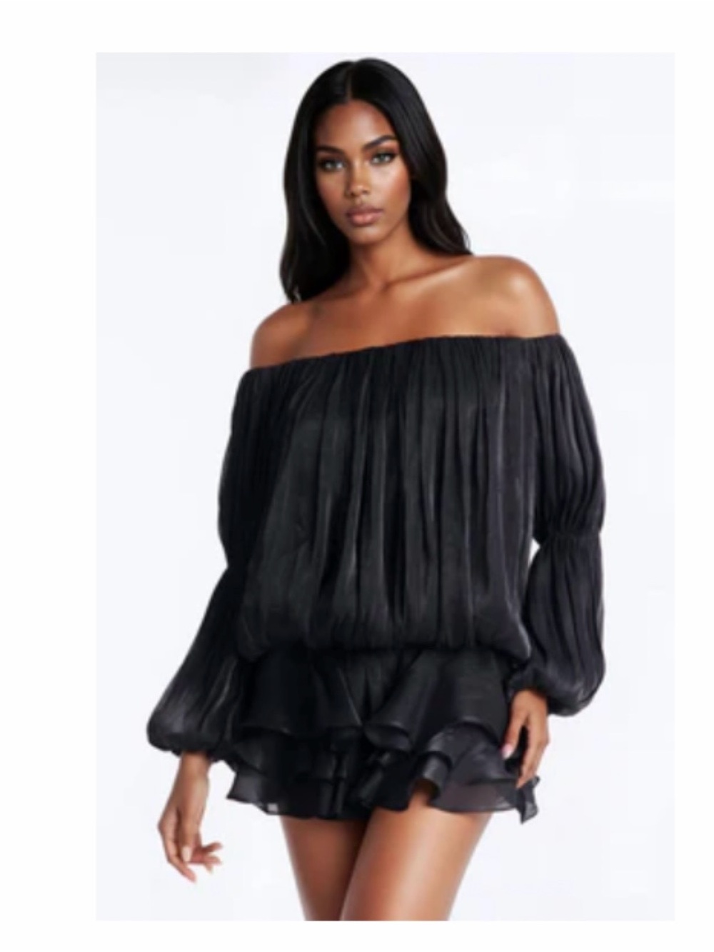 Off-Shoulder Black Pleated Mini Dress